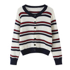 Ladies Striped Cardigan with Button Placket and Ribbed Hem Fashion Glam