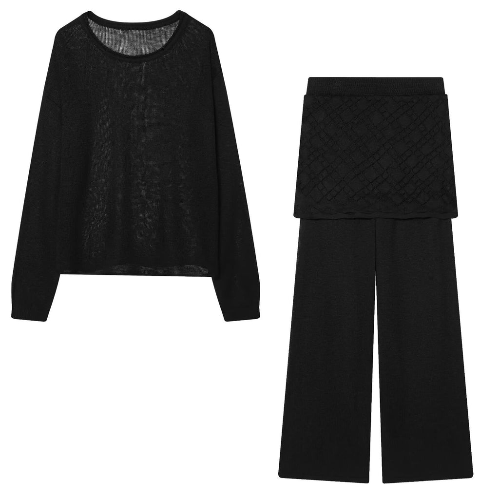 Women's Lightweight Fine Knit Loungewear Set with Round Neck and Wide Palazzo Pants Fashion Glam