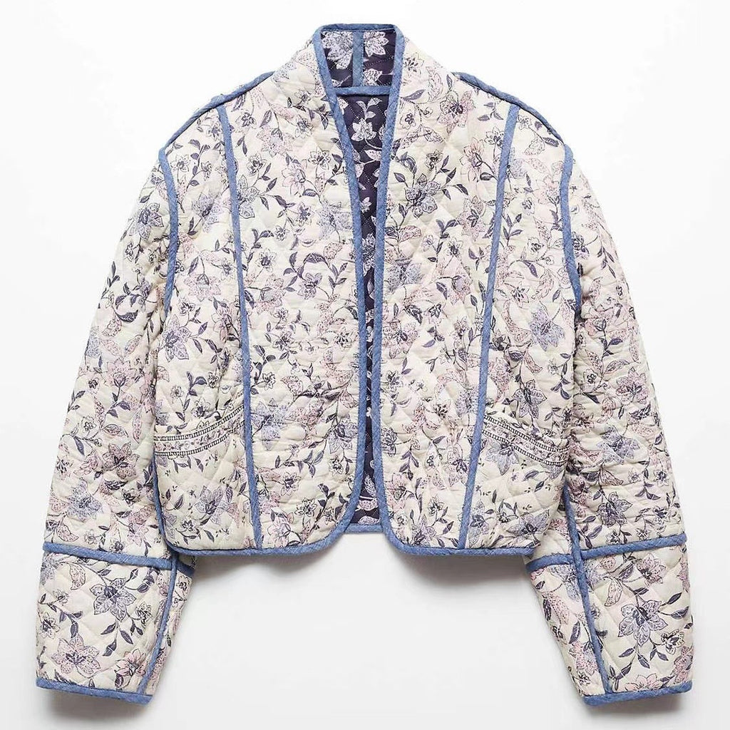 Ladies Short Quilted Bomber Jacket with Floral Jacquard and Contrast Piping Fashion Glam