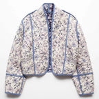Ladies Short Quilted Bomber Jacket with Floral Jacquard and Contrast Piping Fashion Glam