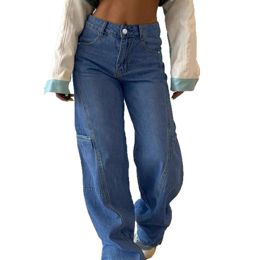 Women's High-Waist Wide Cargo Denim Pants with Seam Panels and Baggy Silhouette Fashion Glam