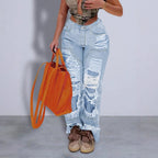 Women Stark ripped Wide-Leg Denim Jeans with fringe details Fashion Glam