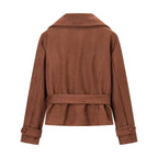 Women's short jacket made of faux suede with waist belt and double-breasted button placket Fashion Glam