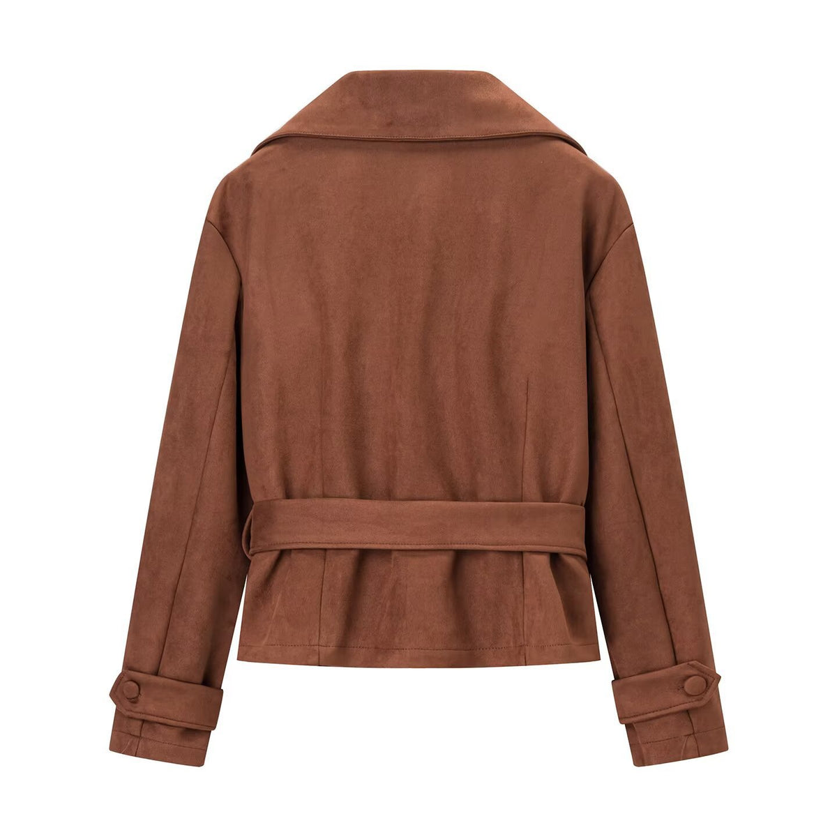 Women's short jacket made of faux suede with waist belt and double-breasted button placket Fashion Glam