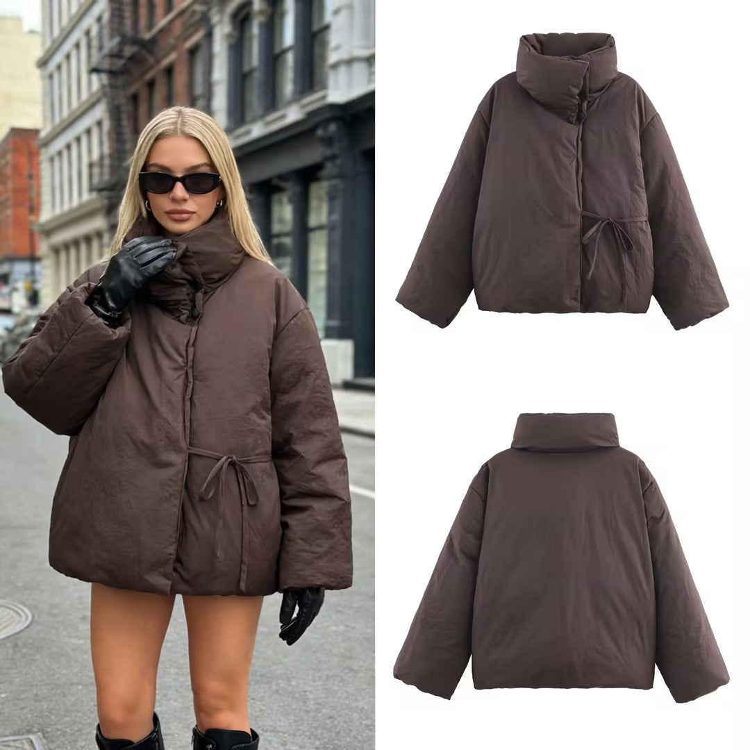 Women's Oversized Quilted Jacket with High Stand Collar and Waist Belt Fashion Glam