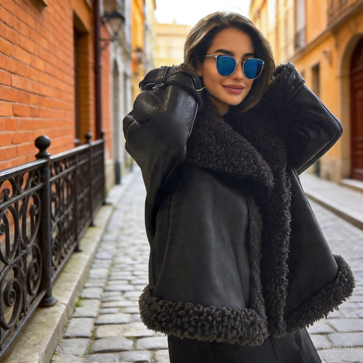 Ladies Oversize Bomber Jacket made of faux leather with voluminous teddy lining and adjustable collar Fashion Glam