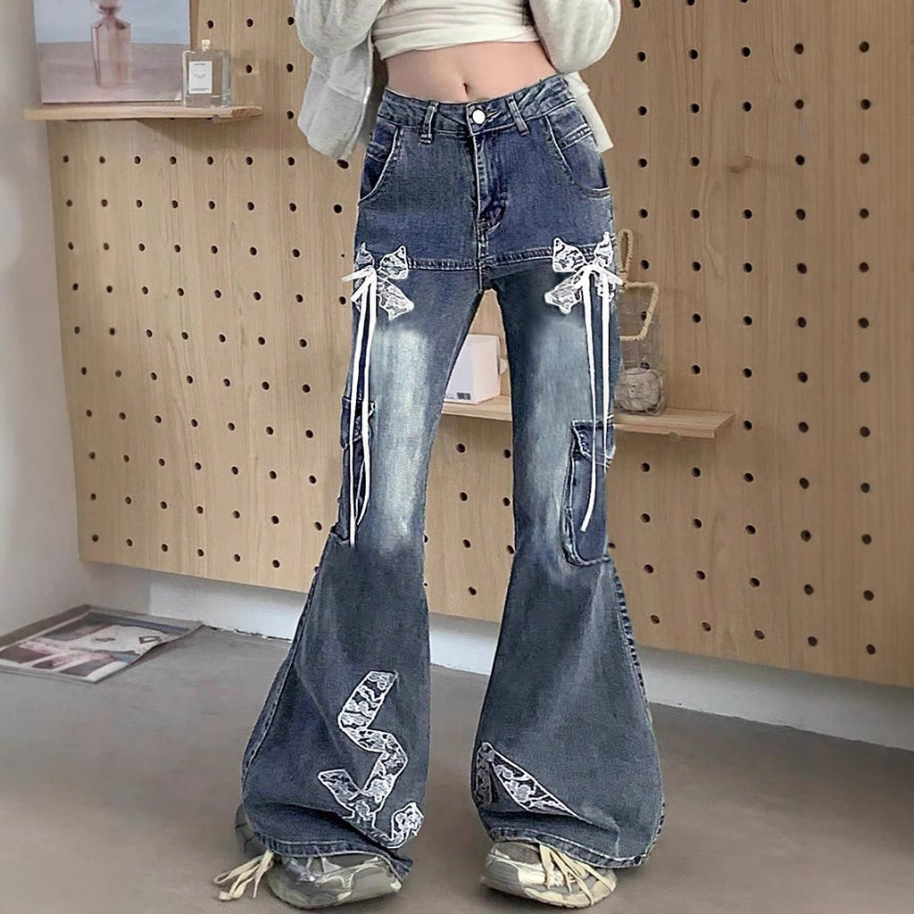 Women's wide flared cargo-style jeans with decorative ribbons, lace appliqués, and multiple pockets Fashion Glam