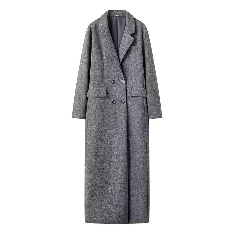 Ladies Maxi Cocoon Wool Blend Coat with Double-Breasted Front, Notched Collar and Concealed Side Pockets Fashion Glam