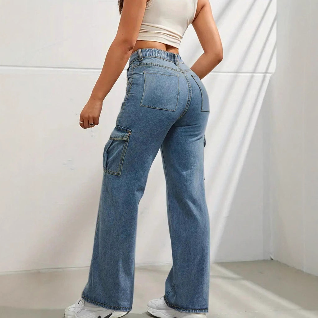 Women high-waisted wide cargo jeans with patch pockets and straight leg Fashion Glam