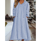 Ladies maxi dress made of teddy fleece with hood, V-neck and side pockets Fashion Glam