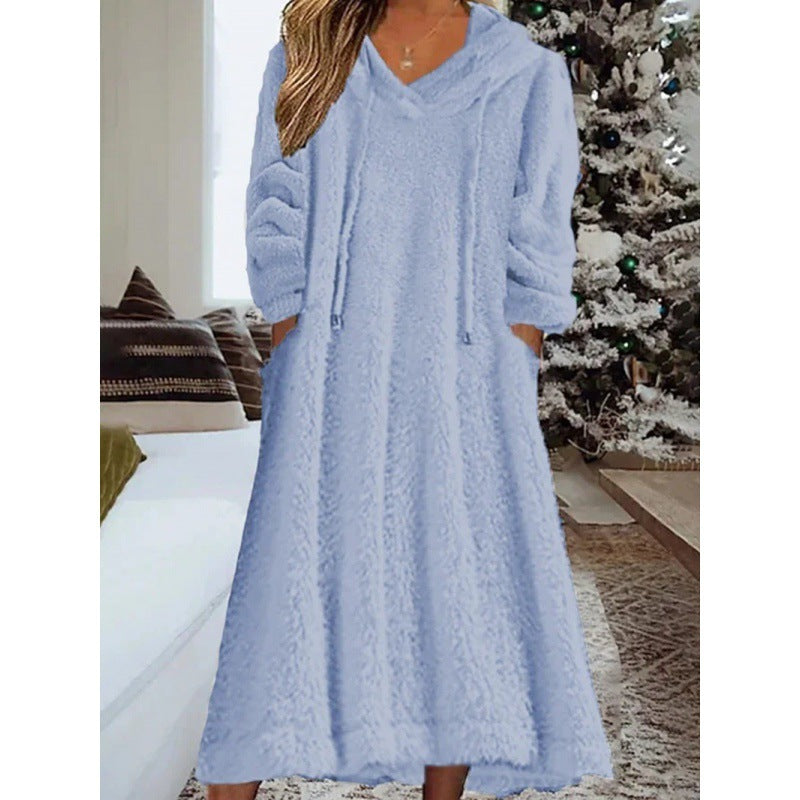 Ladies maxi dress made of teddy fleece with hood, V-neck and side pockets Fashion Glam