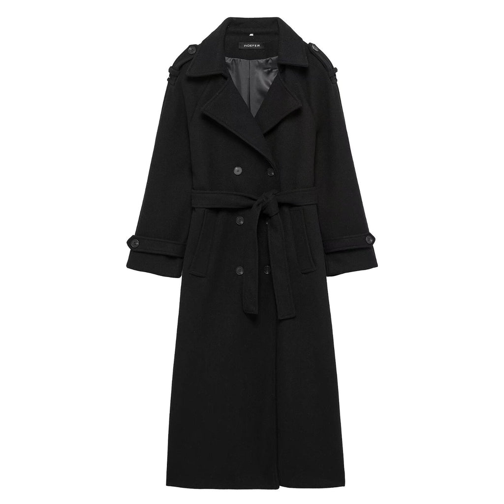 Women Long Double-breasted Trench Coat with Belt and Shoulder Straps Fashion Glam