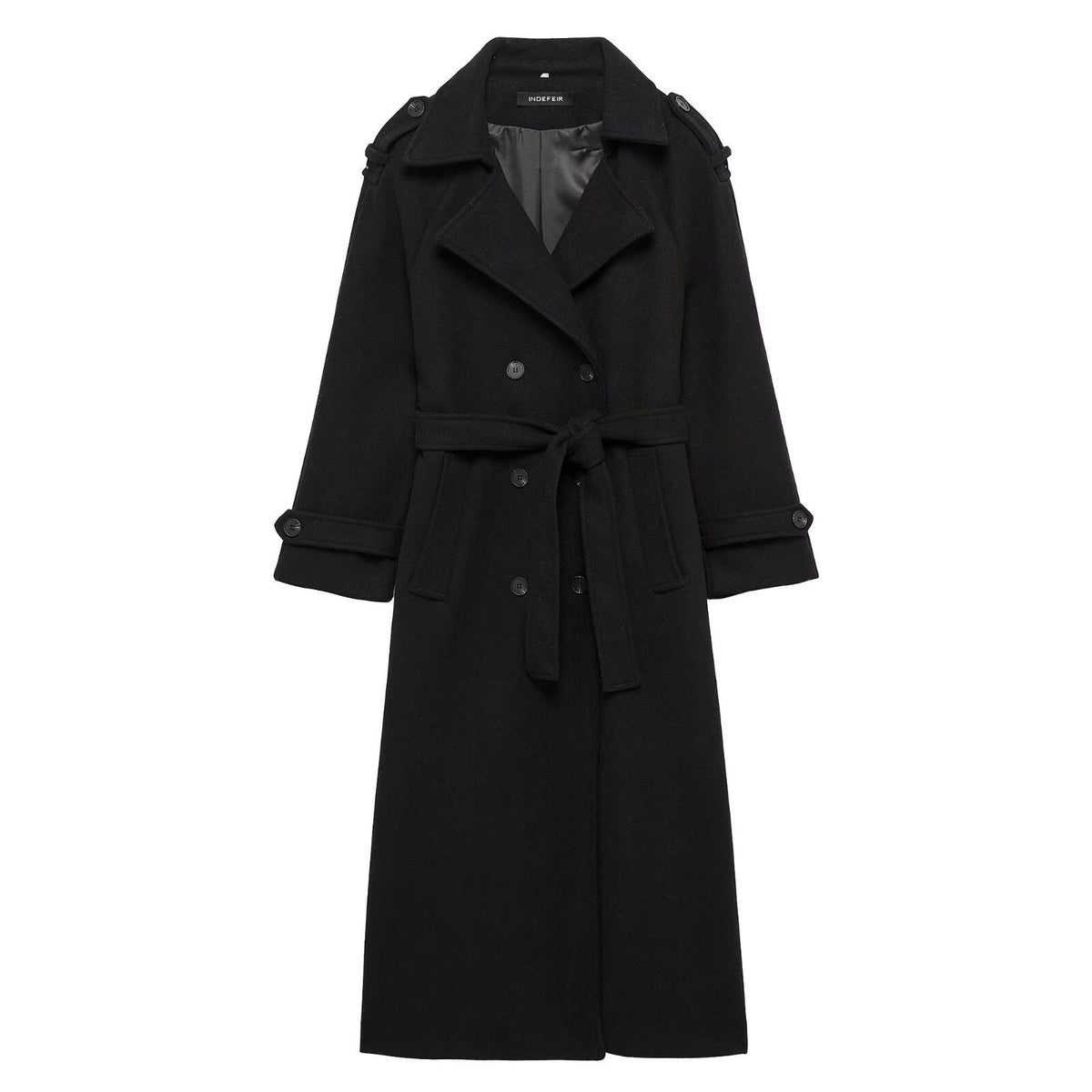 Women Long Double-breasted Trench Coat with Belt and Shoulder Straps Fashion Glam