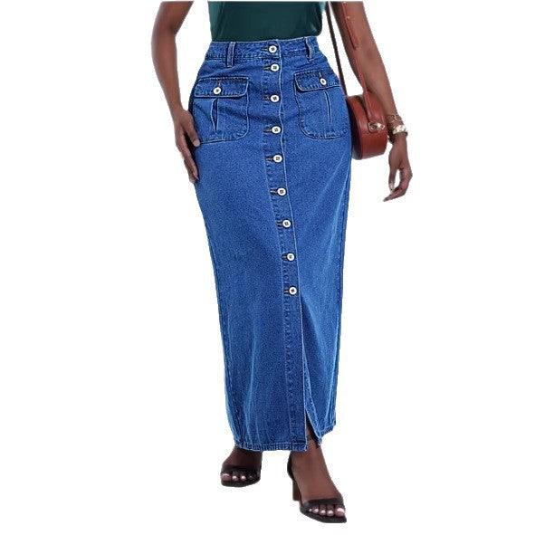 Women's long cut high-waist denim maxi skirt with a continuous button placket and patch pockets Fashion Glam