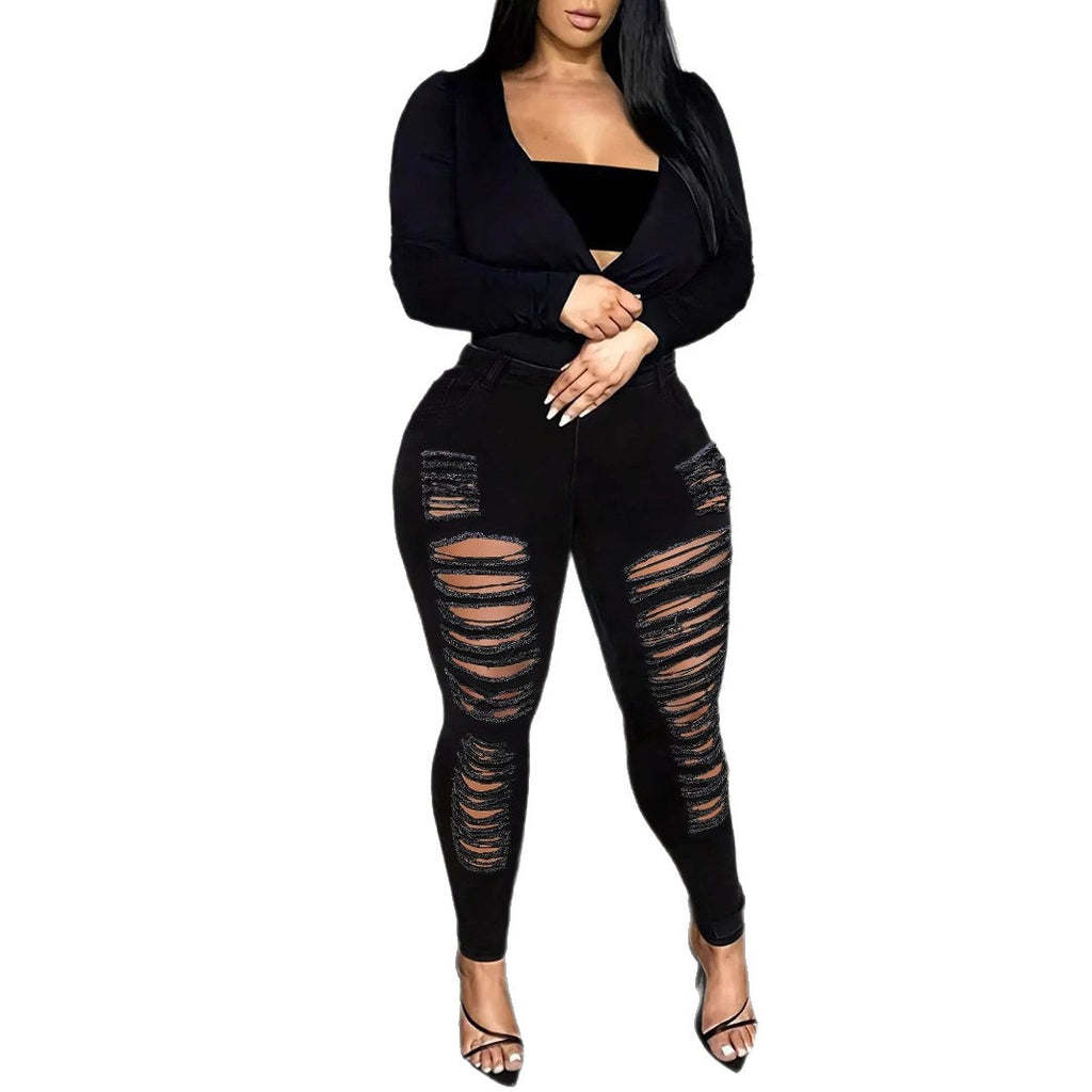 Women's High-Waisted Superstretch Jeans with Frayed Cutouts and Sculpting Waistband Fashion Glam