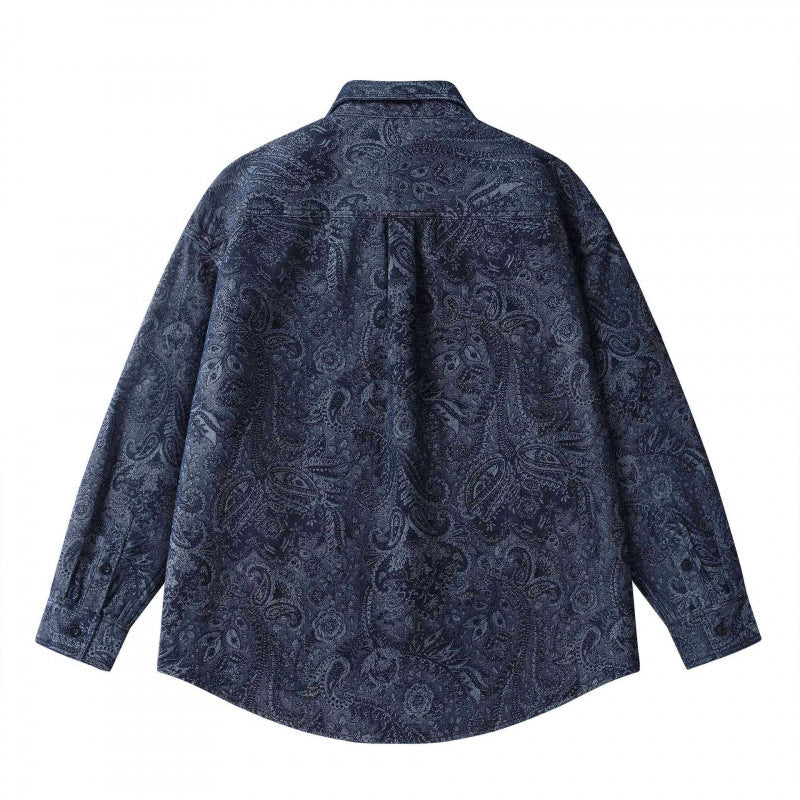 Unisex Oversized Shirt Jacket with Paisley Jacquard, Full Button Placket and Chest Pocket Fashion Glam