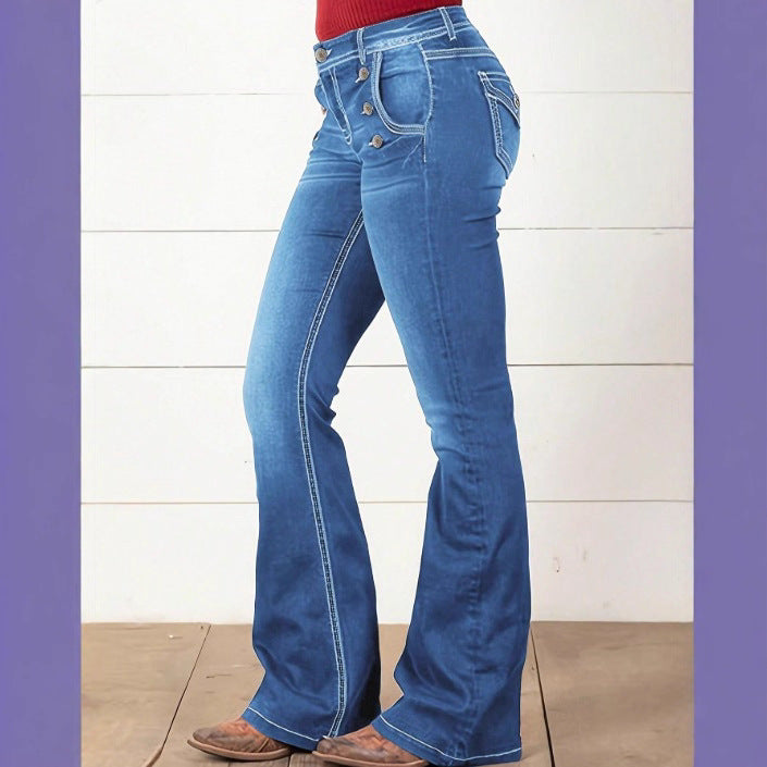 Women's High-Waist Denim Flare Jeans with Side Decorative Button Placket and Sculpting Fit Fashion Glam