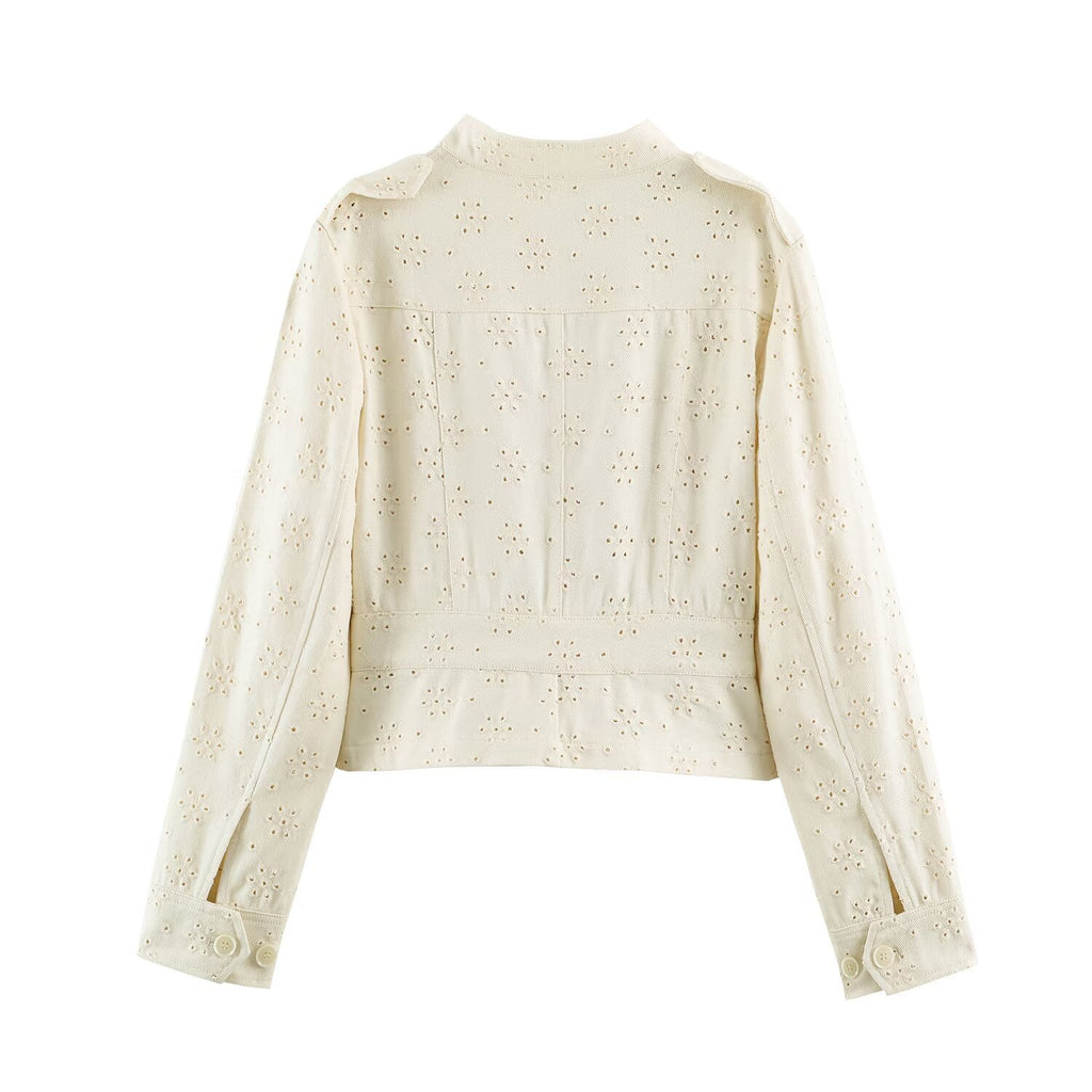 Women's short jacket made of lace embroidery with stand-up collar, utility pockets, and boxy cropped silhouette Fashion Glam