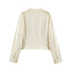 Women's short jacket made of lace embroidery with stand-up collar, utility pockets, and boxy cropped silhouette Fashion Glam