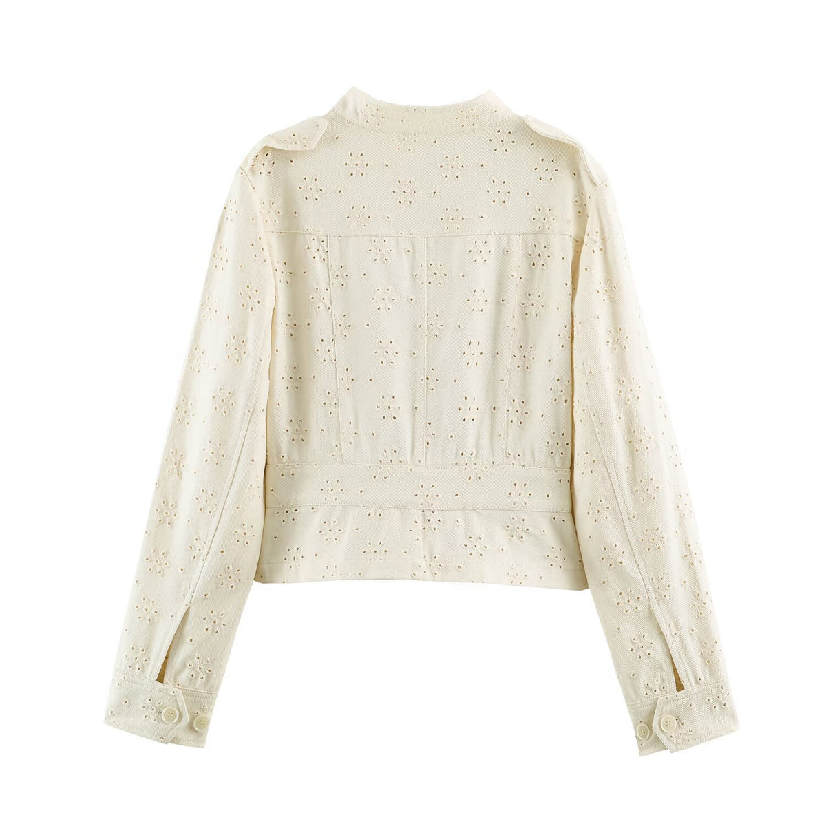 Women's short jacket made of lace embroidery with stand-up collar, utility pockets, and boxy cropped silhouette Fashion Glam