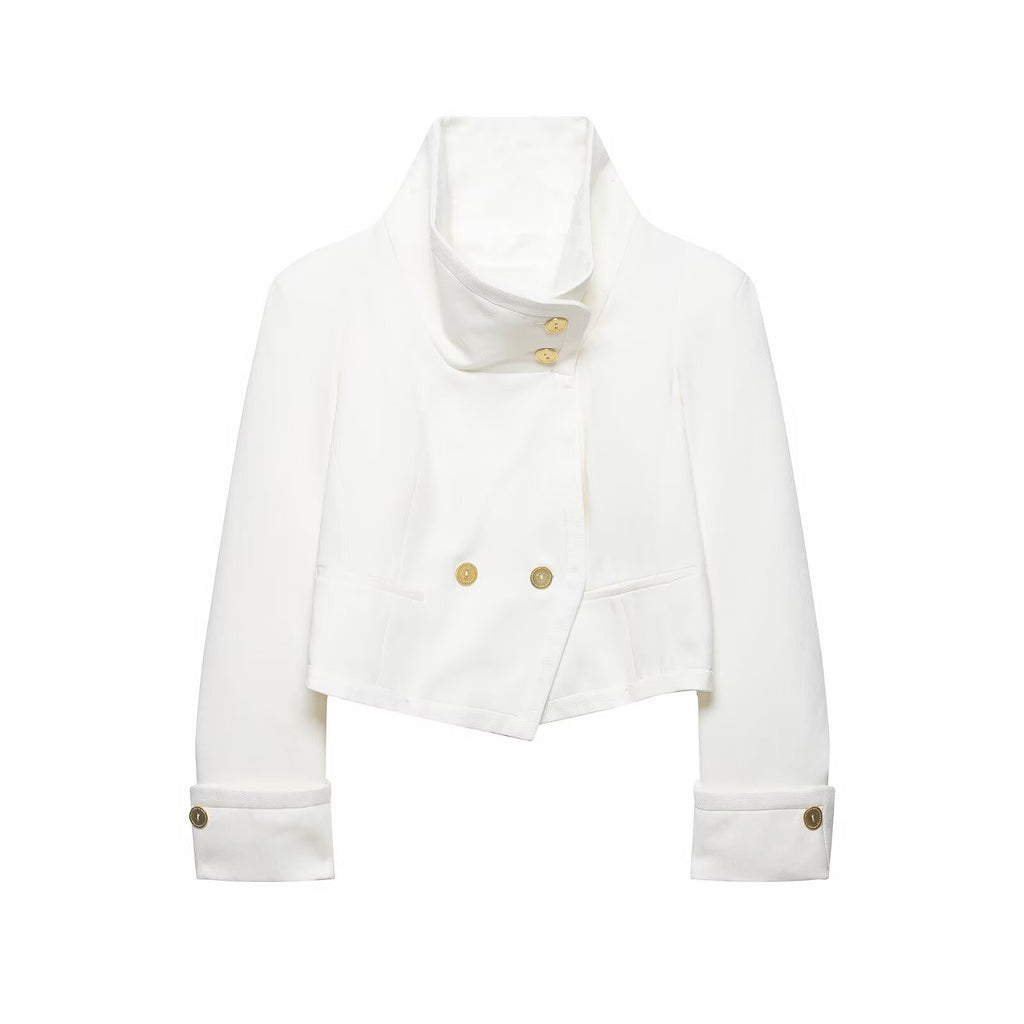 Women's Cropped Blazer with High Stand Collar, Double-Breasted Button Placket and Decorative Cuffs Fashion Glam