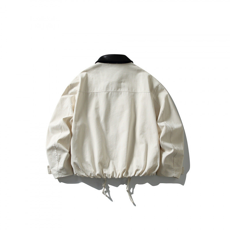 Men's Boxy Utility Jacket with Faux Leather Collar, Drawstring and Snap Cuffs Fashion Glam
