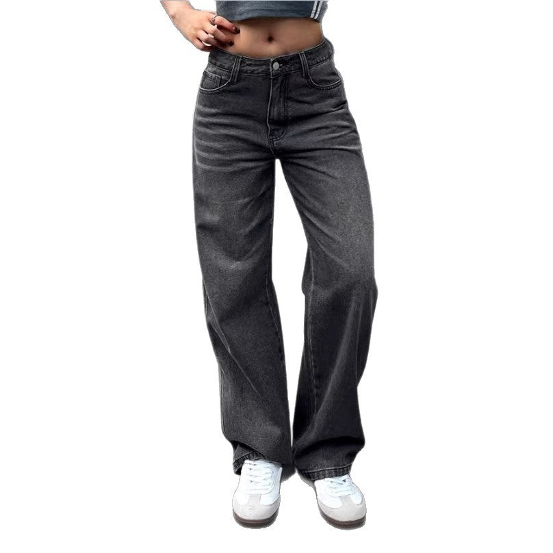 Ladies Wide High-Waist Denim Pants with Straight Leg and Vintage Stitching Fashion Glam
