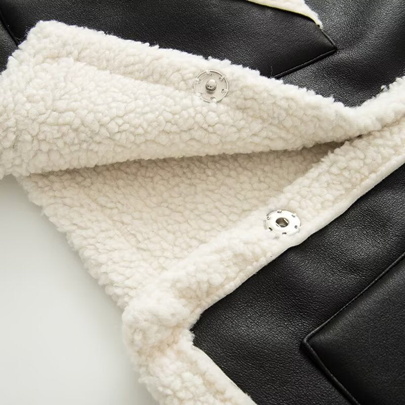 Women's Sleeveless Lambskin Imitation Vest with Lapel Collar and Patch Pockets Fashion Glam
