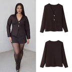 Women's Boxy Fine Knit Jacket with Deep V-Neck and Golden Decorative Buttons Fashion Glam