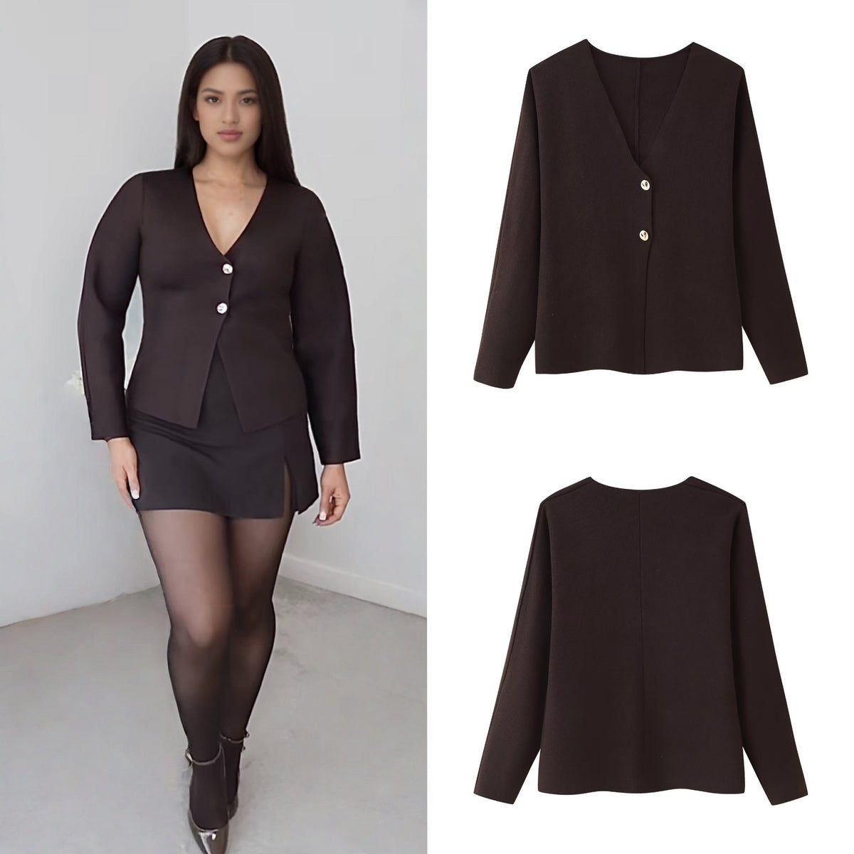 Women's Boxy Fine Knit Jacket with Deep V-Neck and Golden Decorative Buttons Fashion Glam