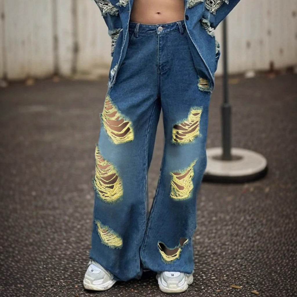 Women wide Destroyed-Baggy-Jeans with large frayed rips and relaxed fit Fashion Glam