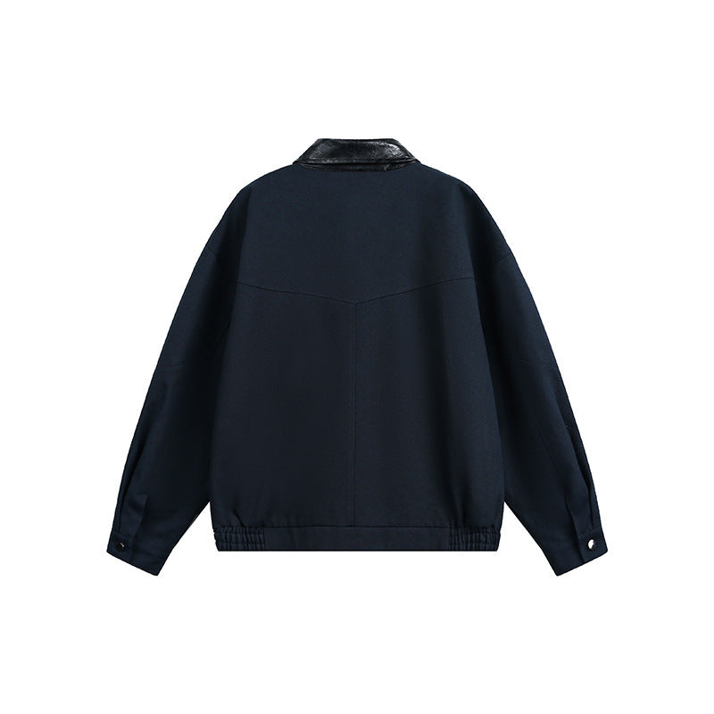 Men's Oversize Harrington Jacket with Faux Leather Collar, Flap Pockets, and Elastic Hem Fashion Glam