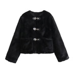 Women's Short Teddy Jacket Made of Faux Fur with Toggle Closures and Patch Pockets Fashion Glam