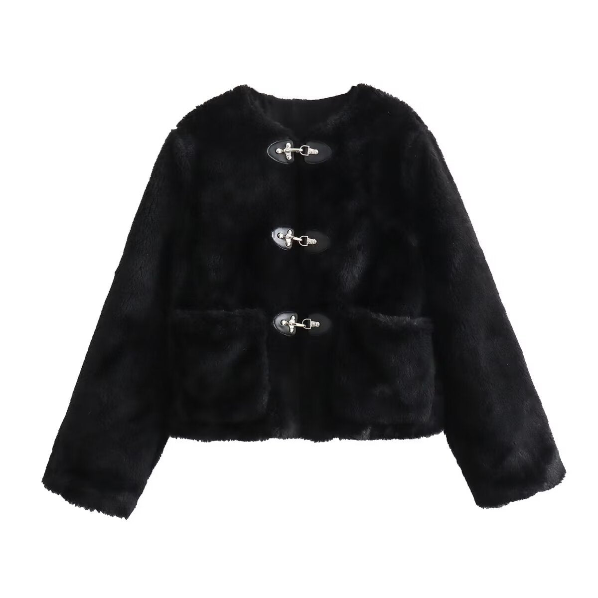 Women's Short Teddy Jacket Made of Faux Fur with Toggle Closures and Patch Pockets Fashion Glam