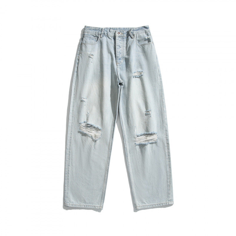 Ladies Baggy Denim Pants with High Waist, Destroyed Details and Straight Leg Fashion Glam