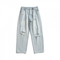 Ladies Baggy Denim Pants with High Waist, Destroyed Details and Straight Leg Fashion Glam
