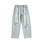 Ladies Baggy Denim Pants with High Waist, Destroyed Details and Straight Leg Fashion Glam