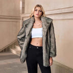 Women Short Faux-Fur Coat with Wide Shawl Collar, Open Front and Pockets Fashion Glam