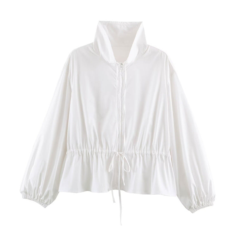 Women's lightweight adjustable windbreaker with stand-up collar, drawstring, and balloon sleeves Fashion Glam
