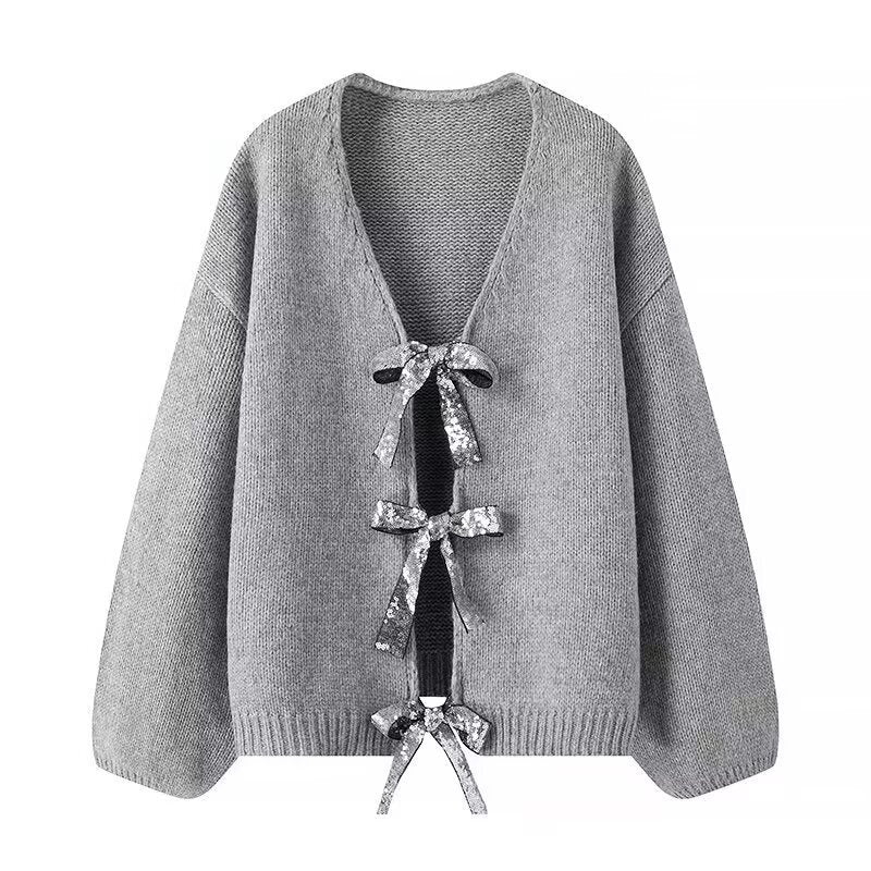 Women's Oversized Knit Cardigan with Deep V-Neck and Decorative Bows Fashion Glam