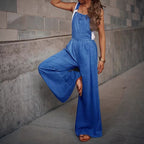 Women's Wide Denim Overall in Palazzo Cut with Adjustable Straps Fashion Glam