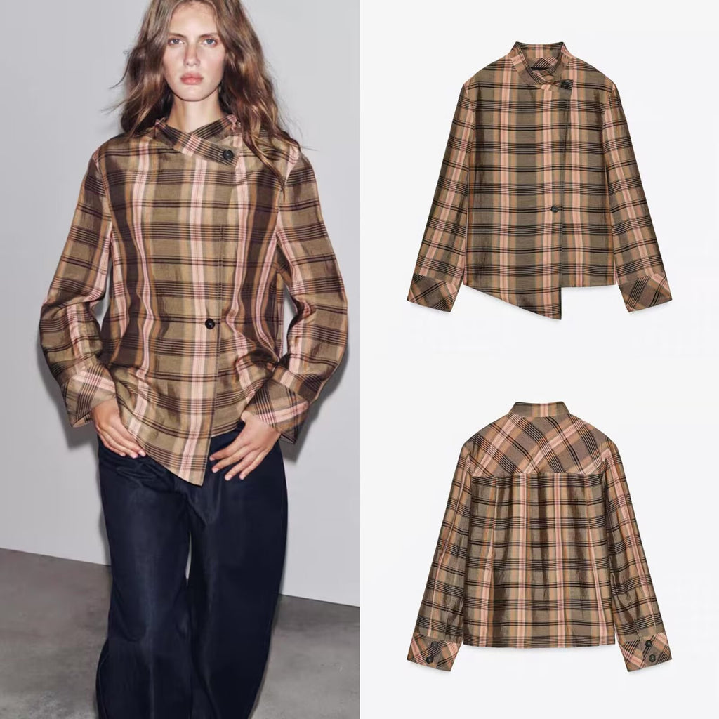 Ladies Asymmetric Cape Blouse in Check Pattern with Stand Collar and Button Closure Fashion Glam