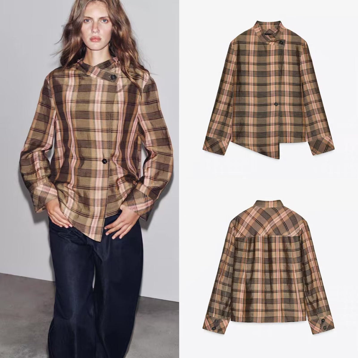 Ladies Asymmetric Cape Blouse in Check Pattern with Stand Collar and Button Closure Fashion Glam