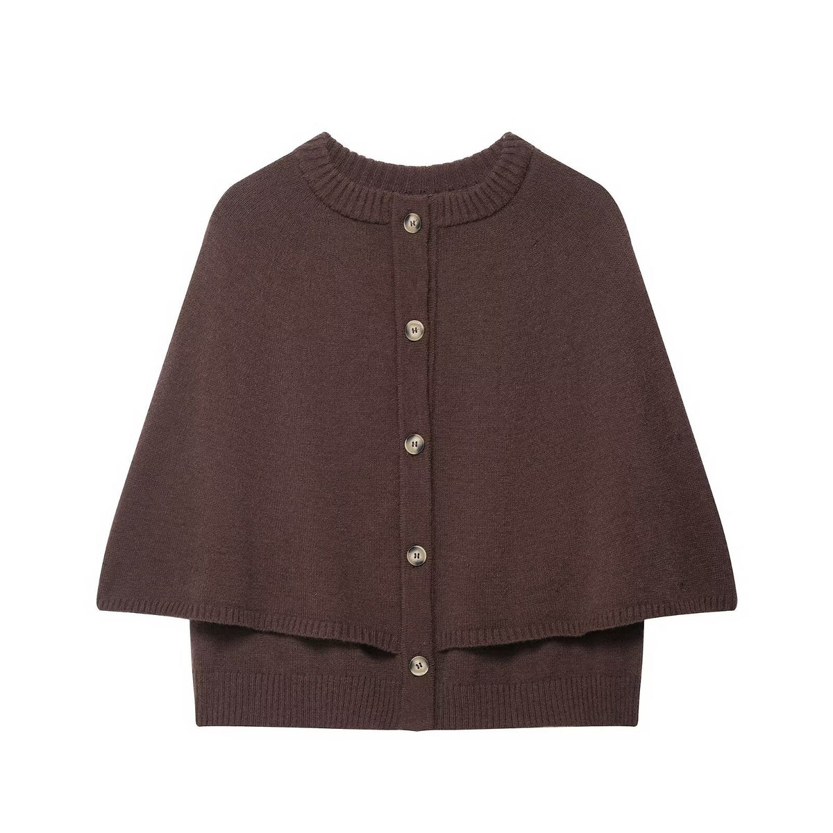Women's Button-Front Knit Cape with Double Layer and Round Neckline Fashion Glam