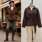Women Cropped Waist Belt Trench Coat with Wide Lapels and Flap Pockets Fashion Glam