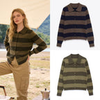 Women's Striped Cardigan with Polo Collar and Button Placket Fashion Glam