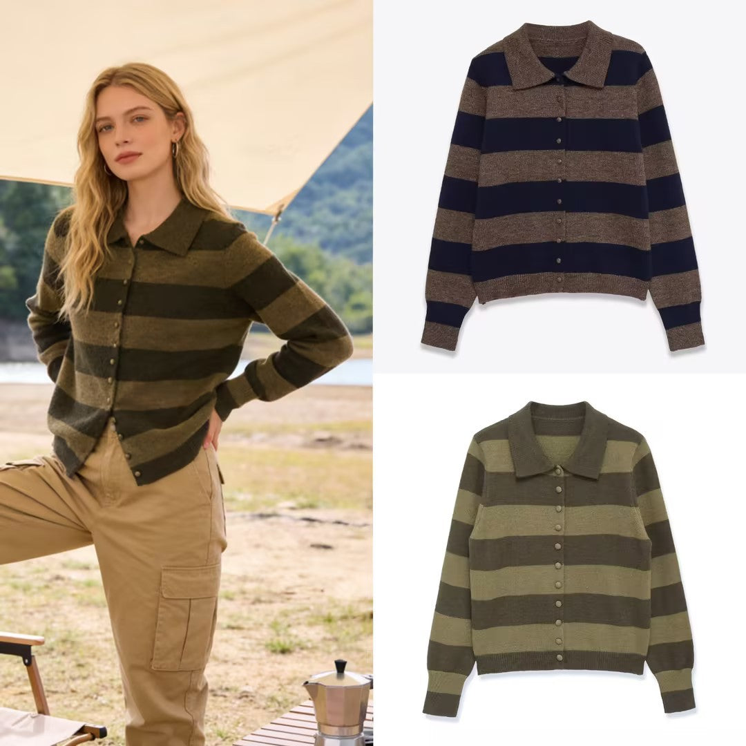 Women's Striped Cardigan with Polo Collar and Button Placket Fashion Glam