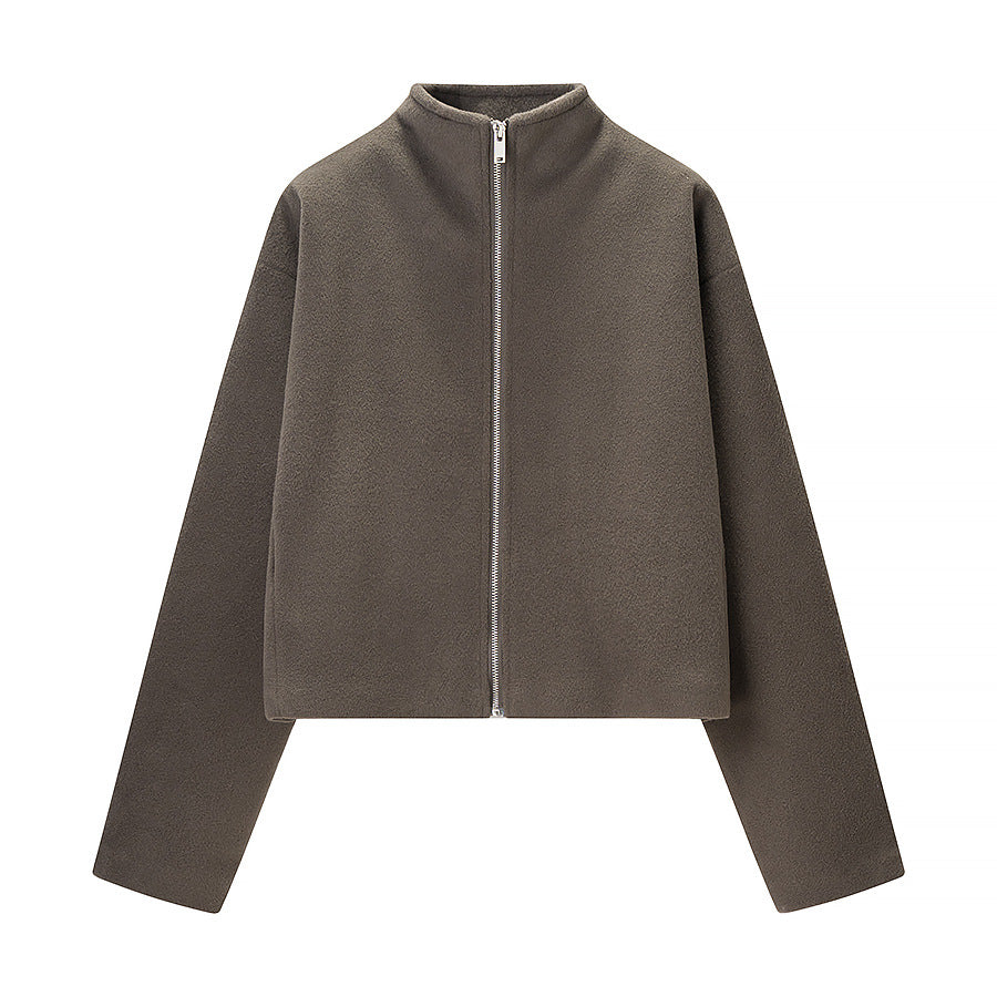 Women's Short Fleece Jacket with Stand-Up Collar and Full Zip Fashion Glam