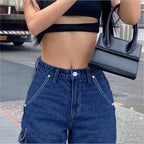Women's high-waisted wide cargo denim pants with elastic waistband and multiple pockets Fashion Glam