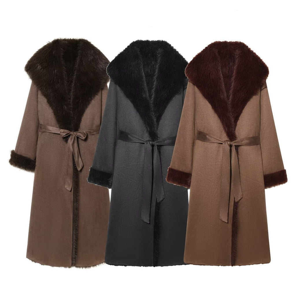 Women longer coat with faux fur trim and tie belt Fashion Glam